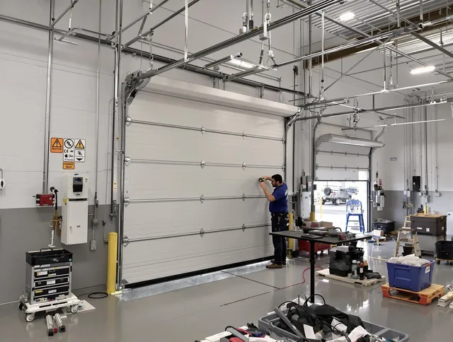 Commercial garage door repair being performed by Portsmouth Garage Door Repair expert in Portsmouth